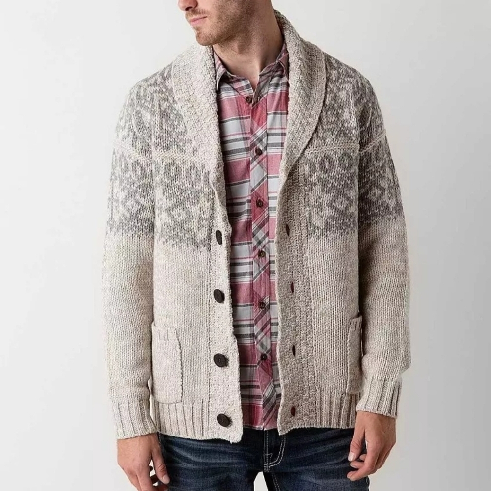 Triple Five Soul Cardigan Men's Medium Sweater Oatmeal Beige Grey Knit